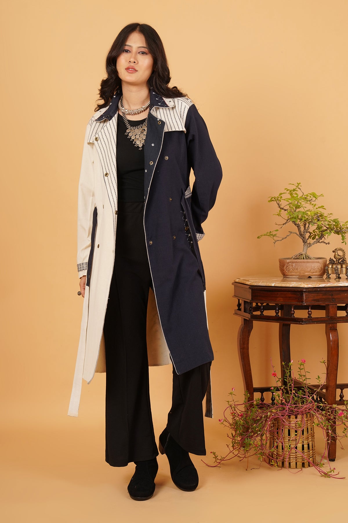 Navy & White Bhujodi Trenchcoat