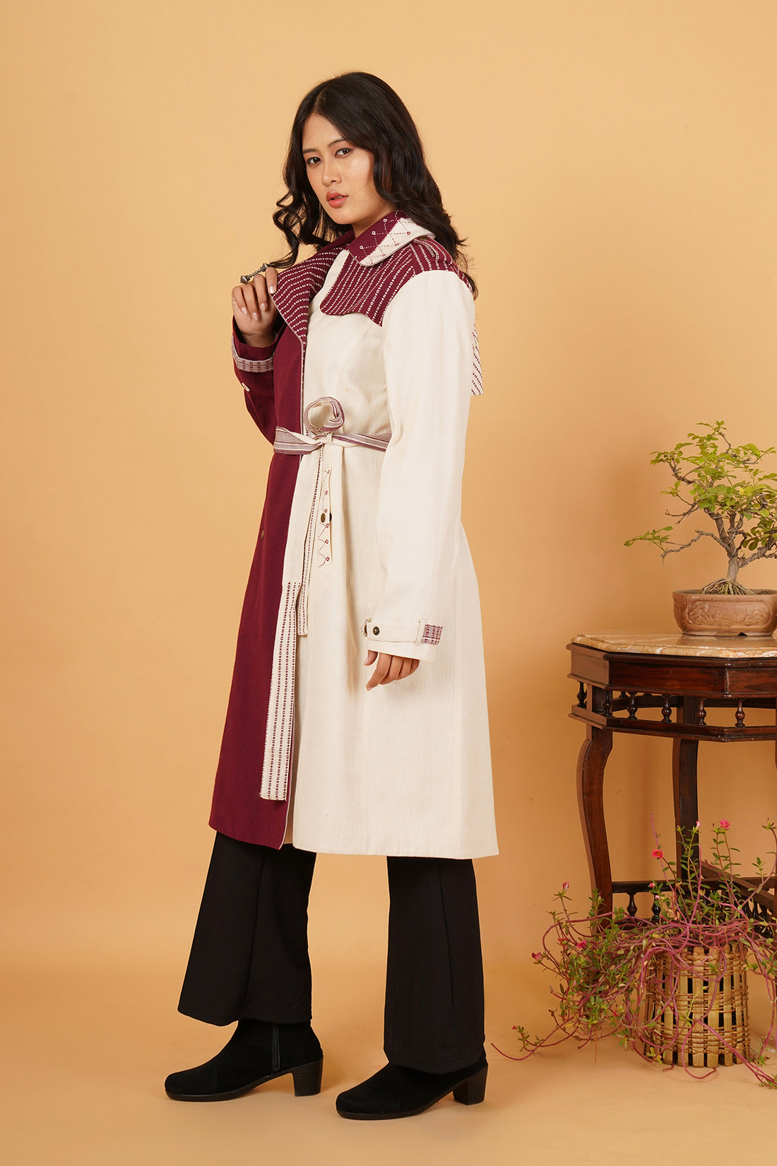 White & Maroon Bhujodi Trenchcoat