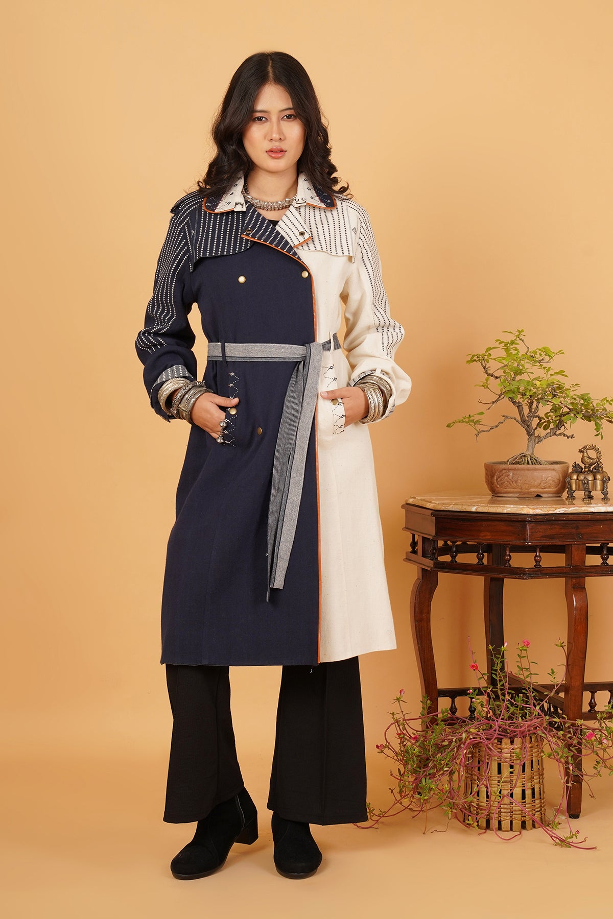 Navy & White Bhujodi Trenchcoat
