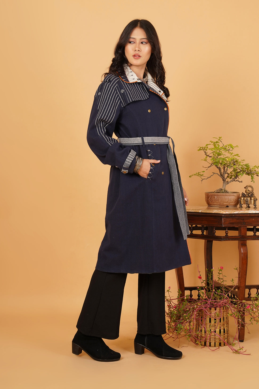 Navy & White Bhujodi Trenchcoat