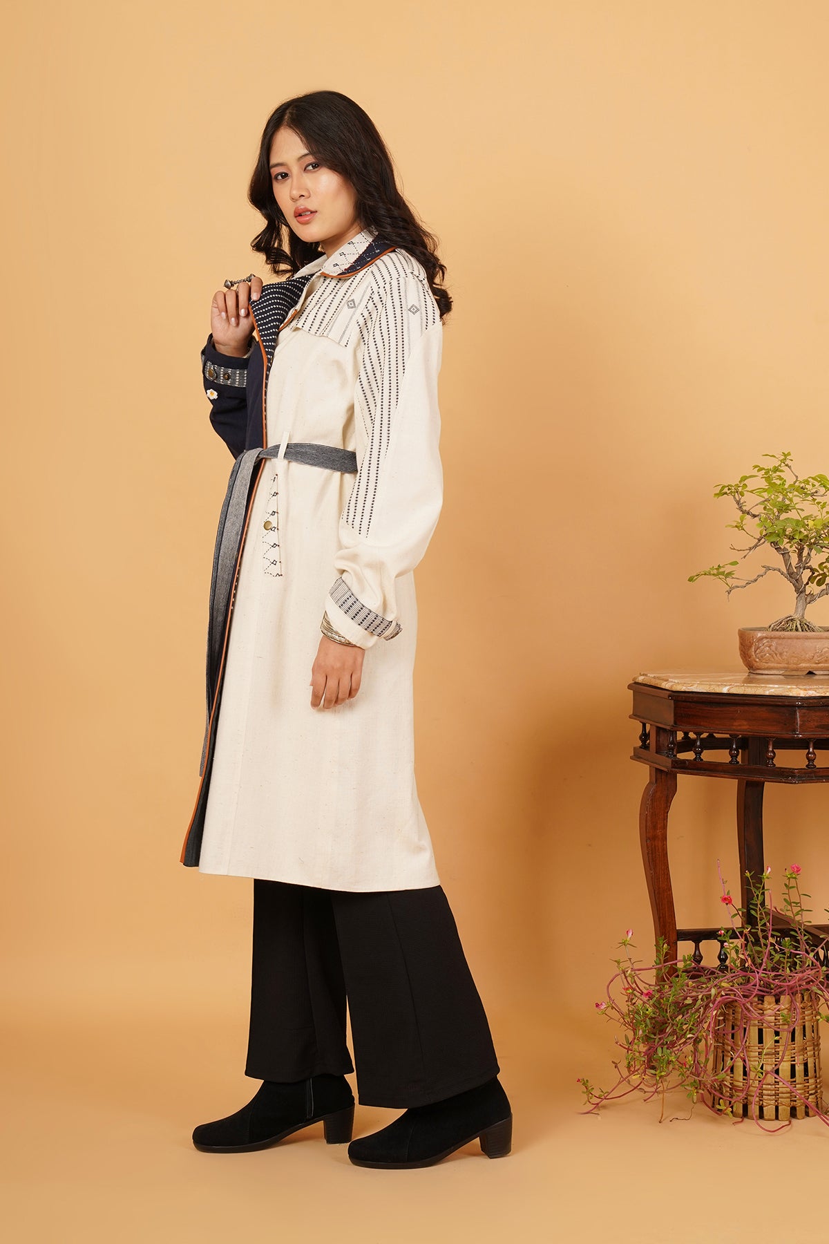 Navy & White Bhujodi Trenchcoat