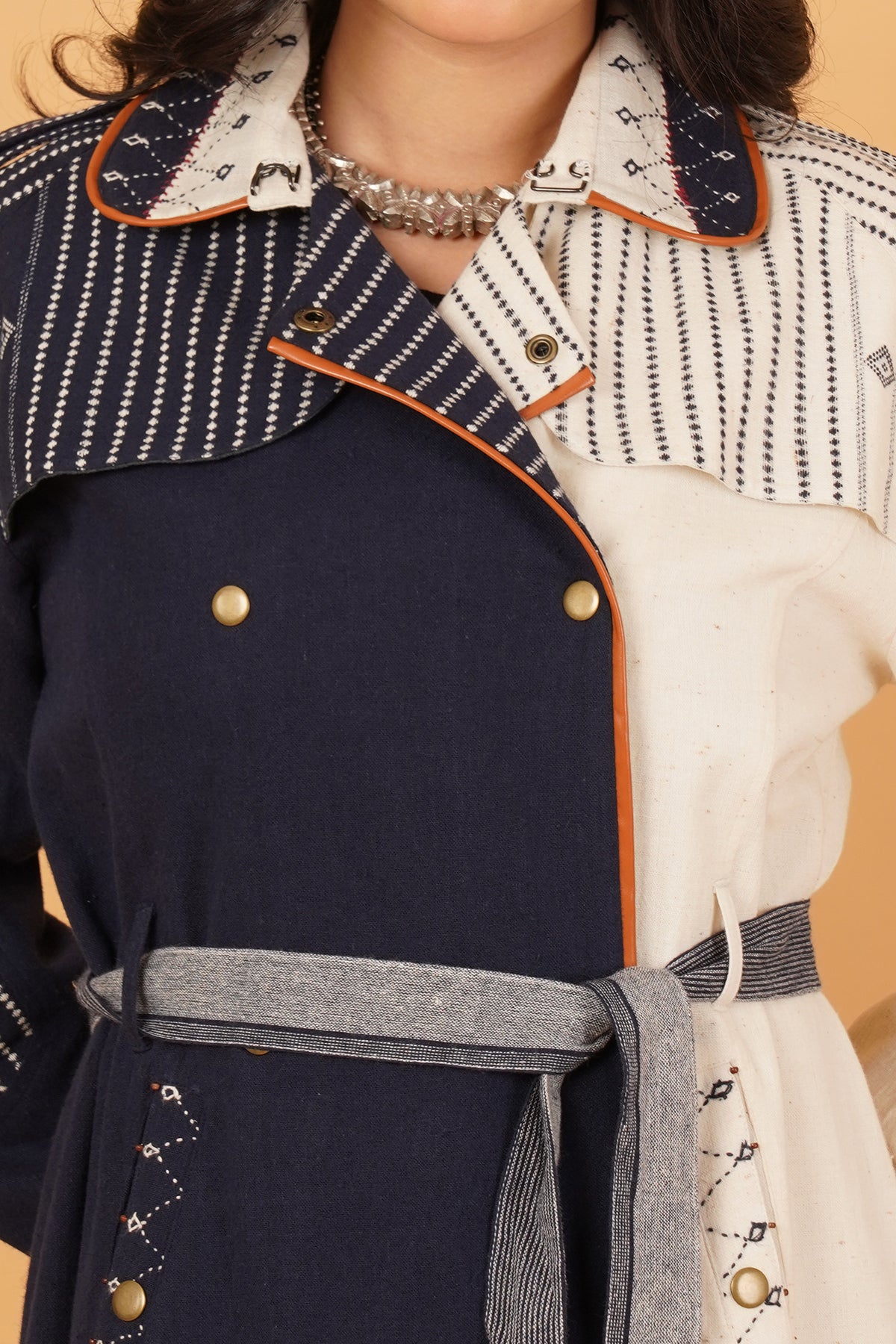 Navy & White Bhujodi Trenchcoat