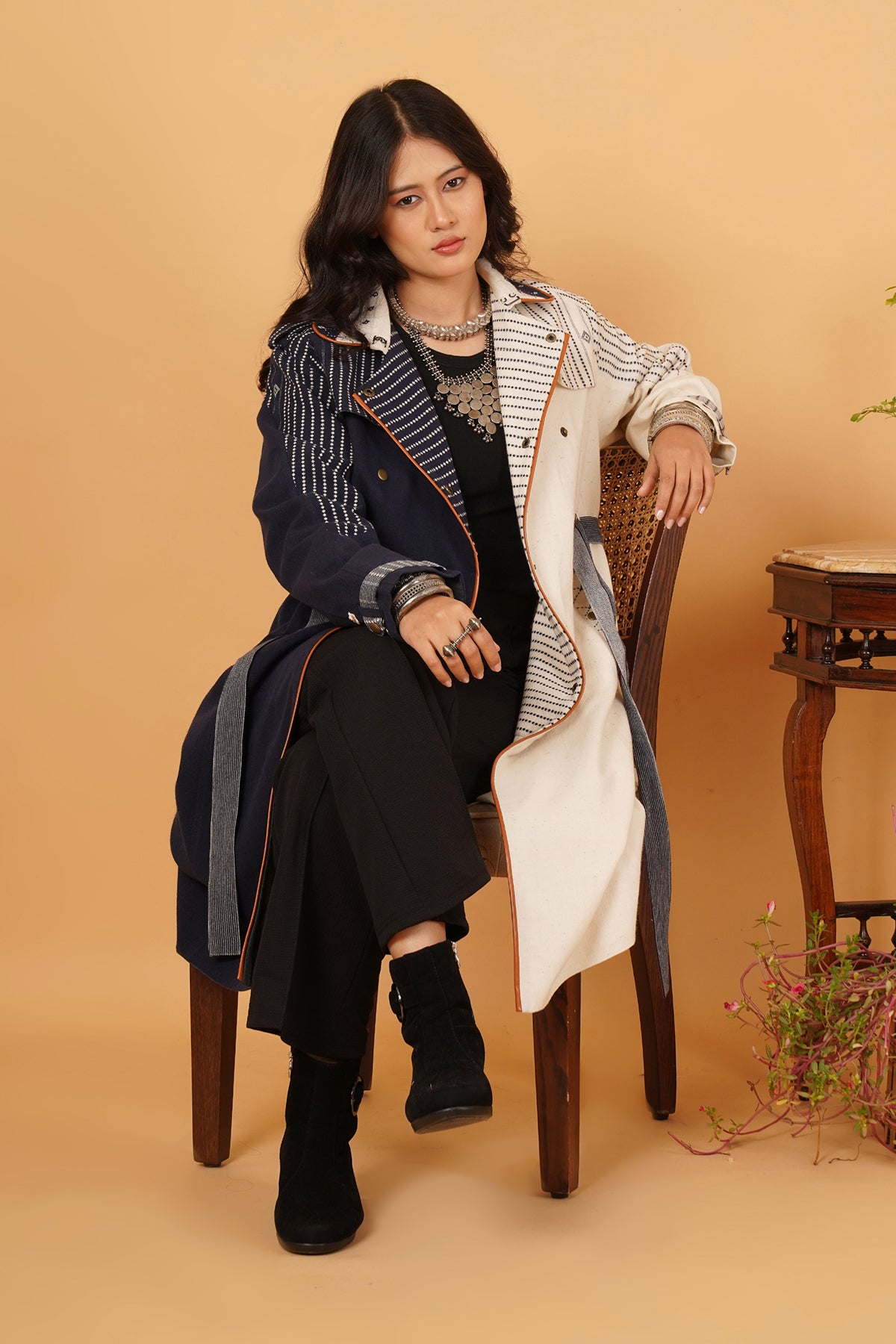 Navy & White Bhujodi Trenchcoat