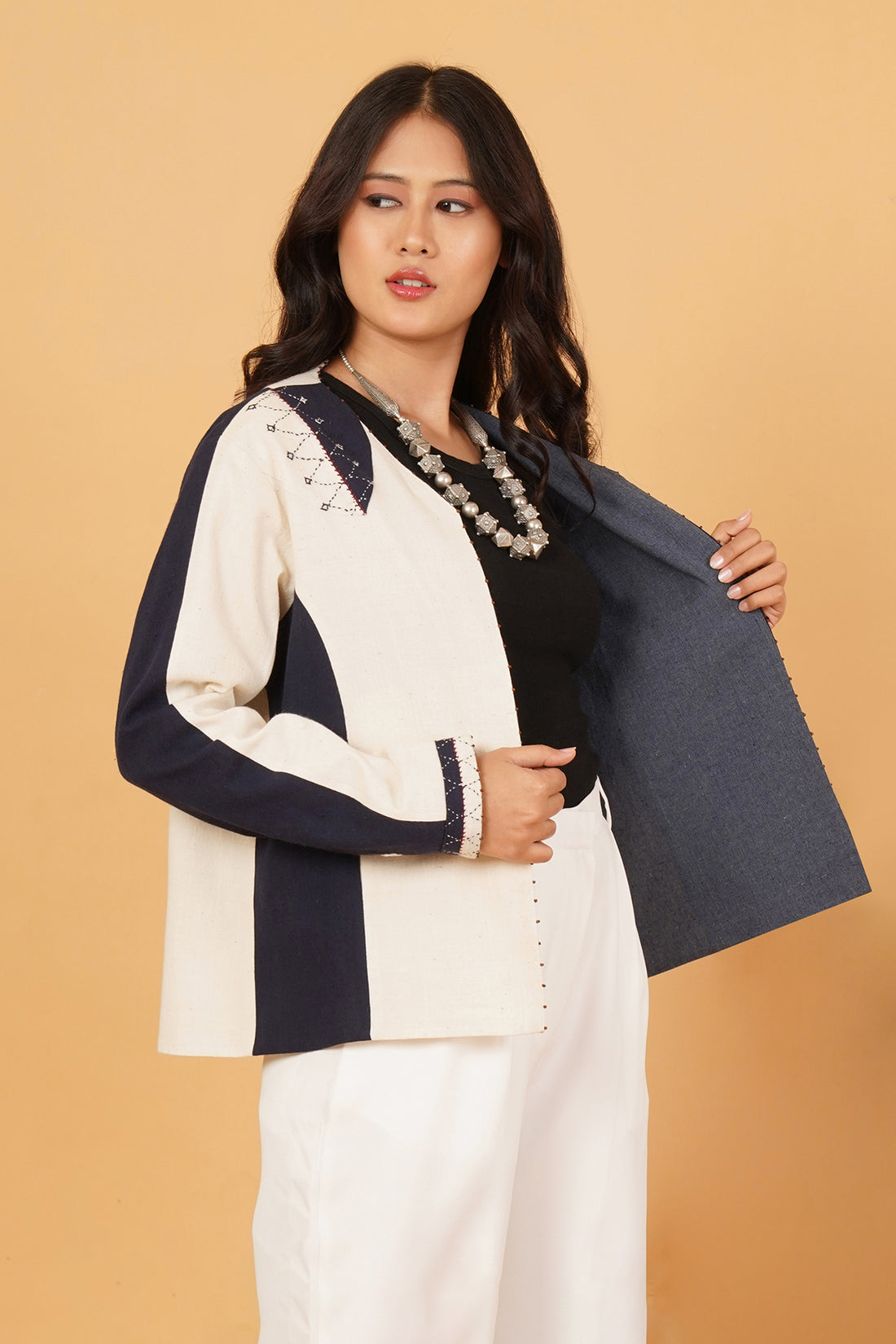 Navy & White Bhujodi Short Jacket