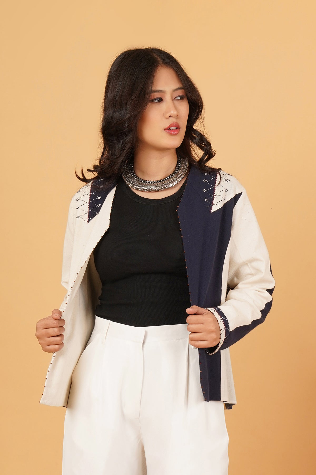 Navy & White Bhujodi Short Jacket