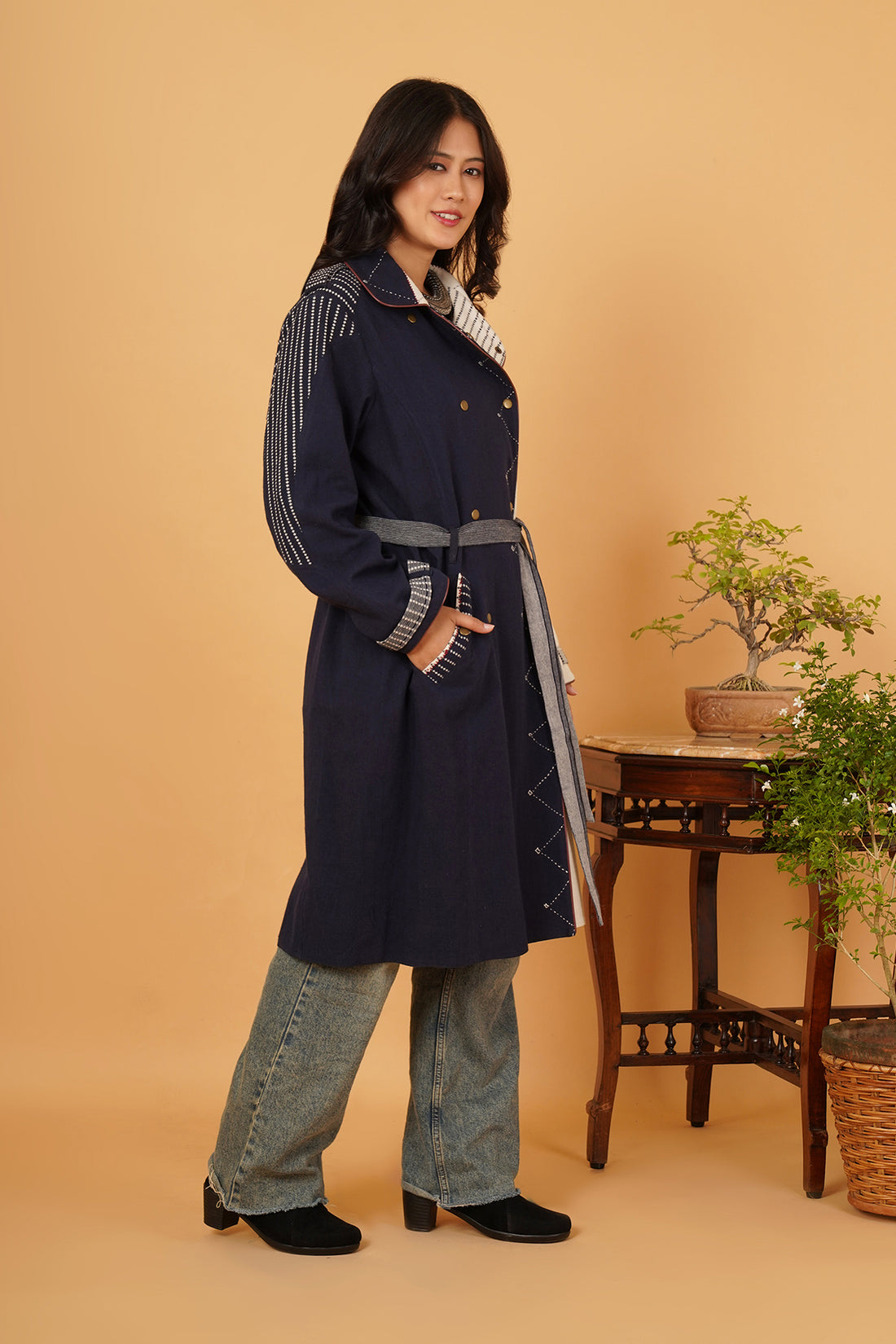 Navy & White Bhujodi Trenchcoat
