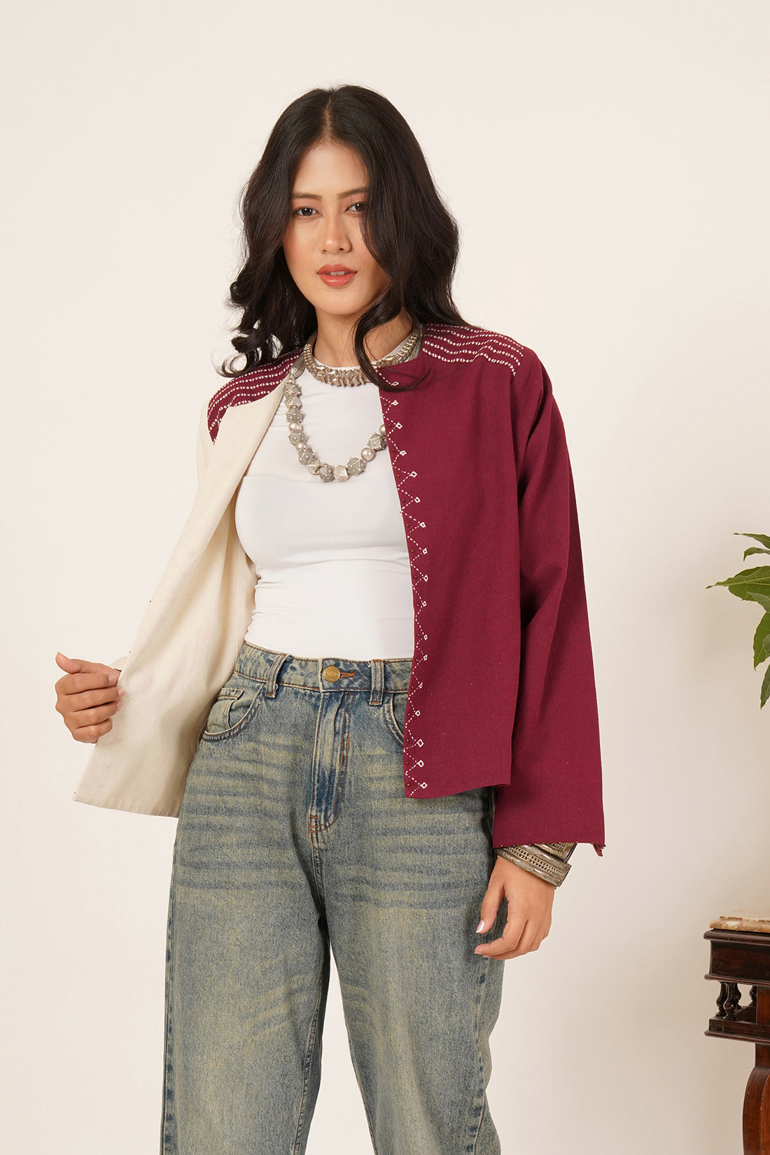 Maroon & White Bhujodi Short Jacket
