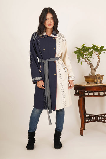 Navy & White Bhujodi Trenchcoat