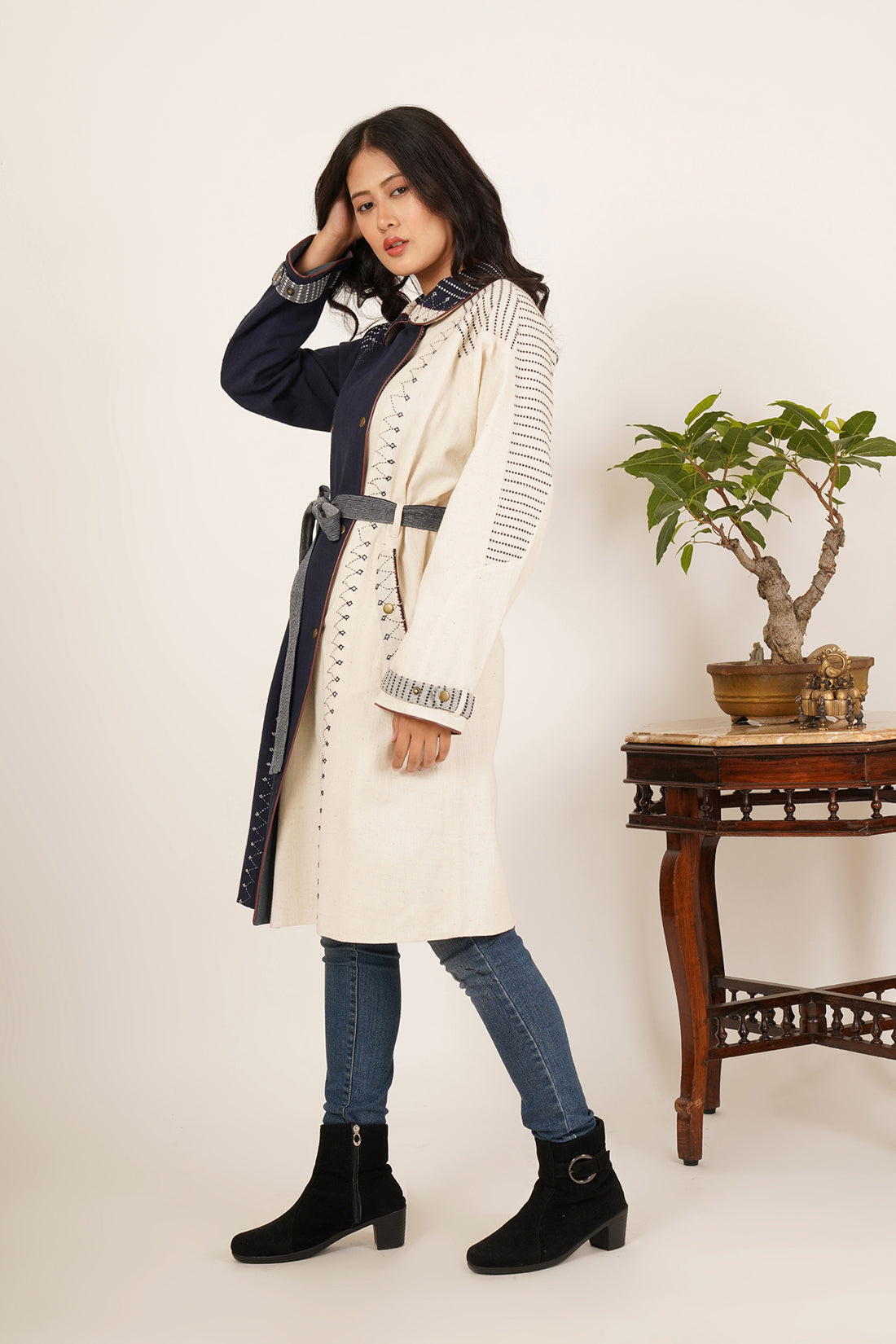 Navy & White Bhujodi Trenchcoat