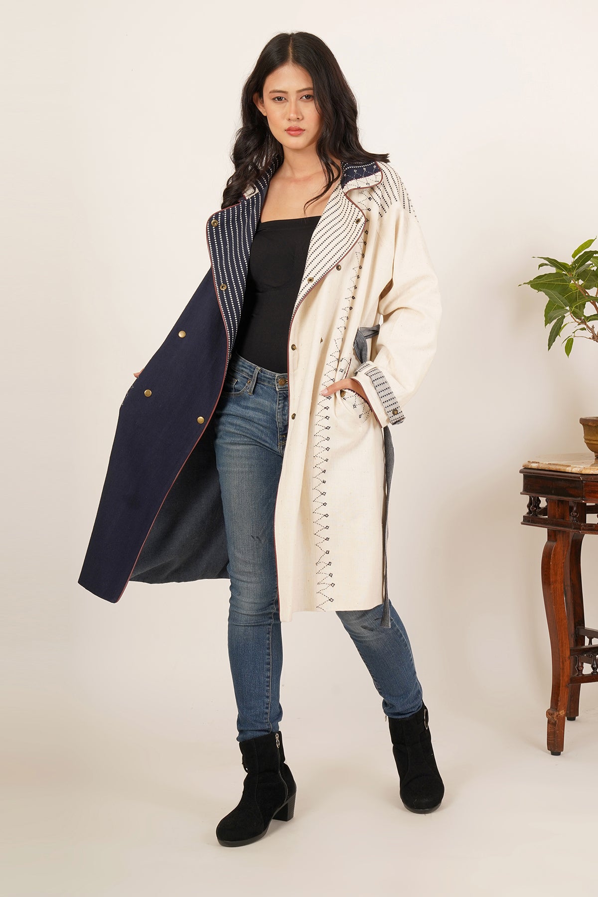 Navy & White Bhujodi Trenchcoat