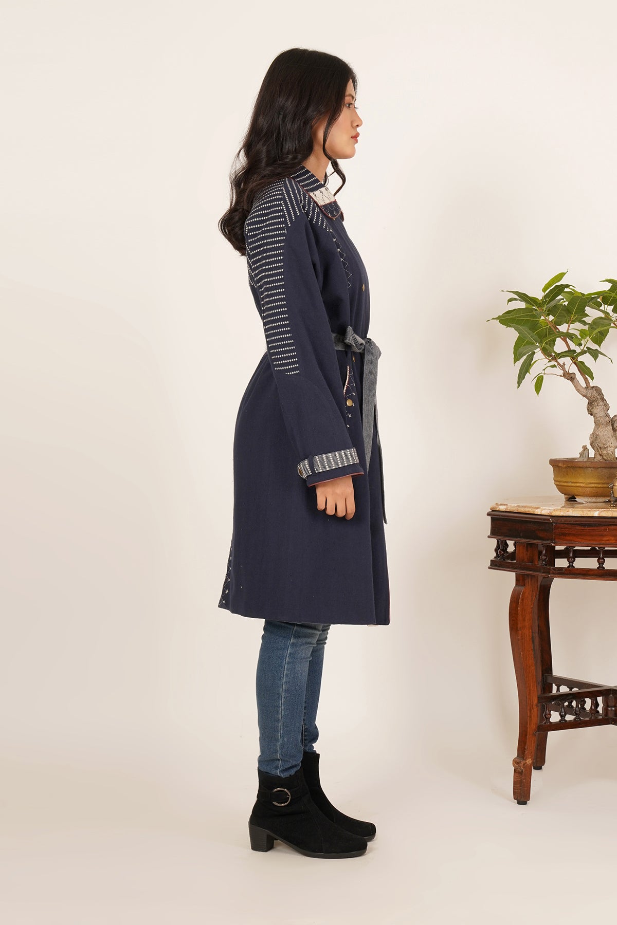 Navy & White Bhujodi Trenchcoat