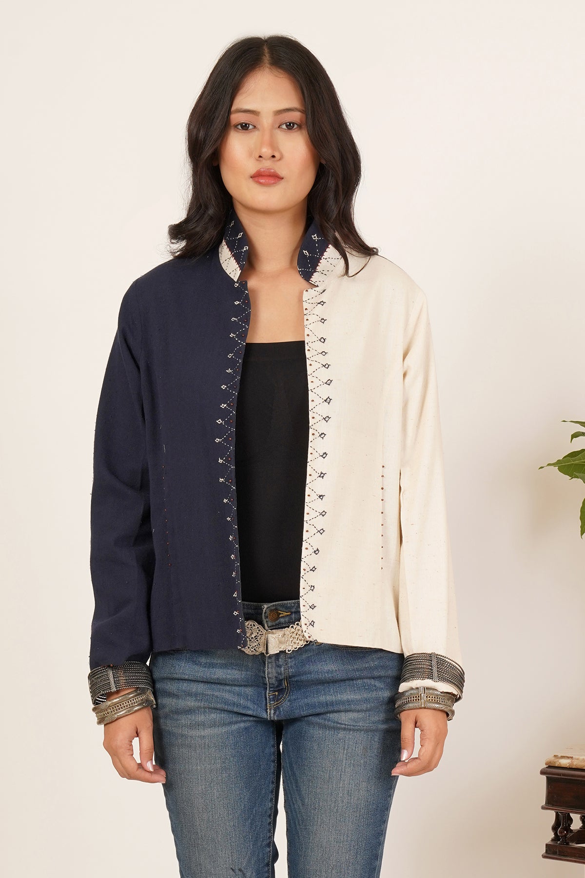 Navy & White Bhujodi Short Jacket