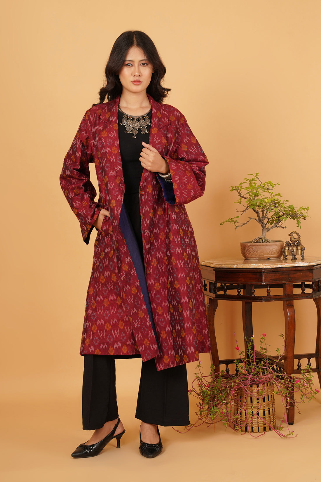 Maroon Rawsilk Ikat Jacket