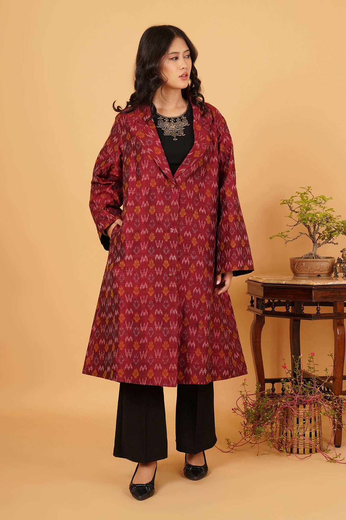 Maroon Rawsilk Ikat Jacket