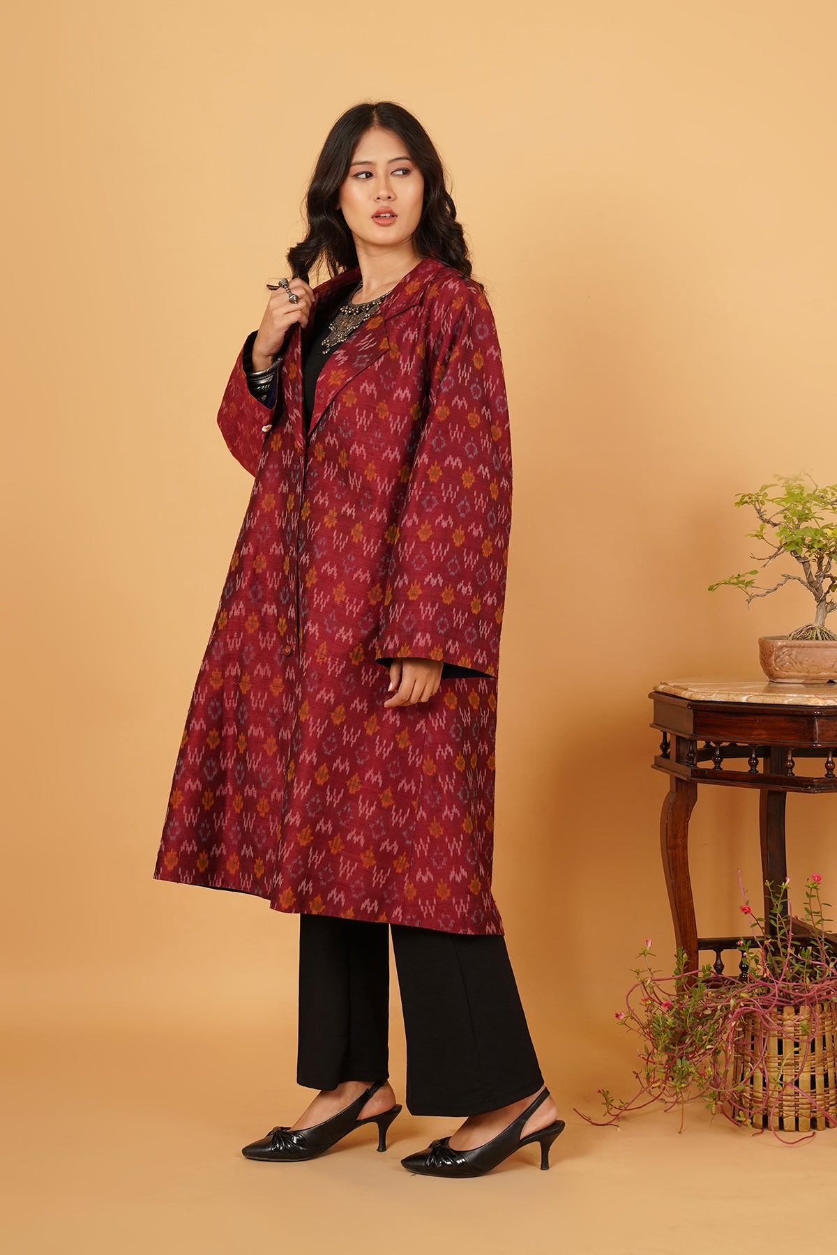 Maroon Rawsilk Ikat Jacket