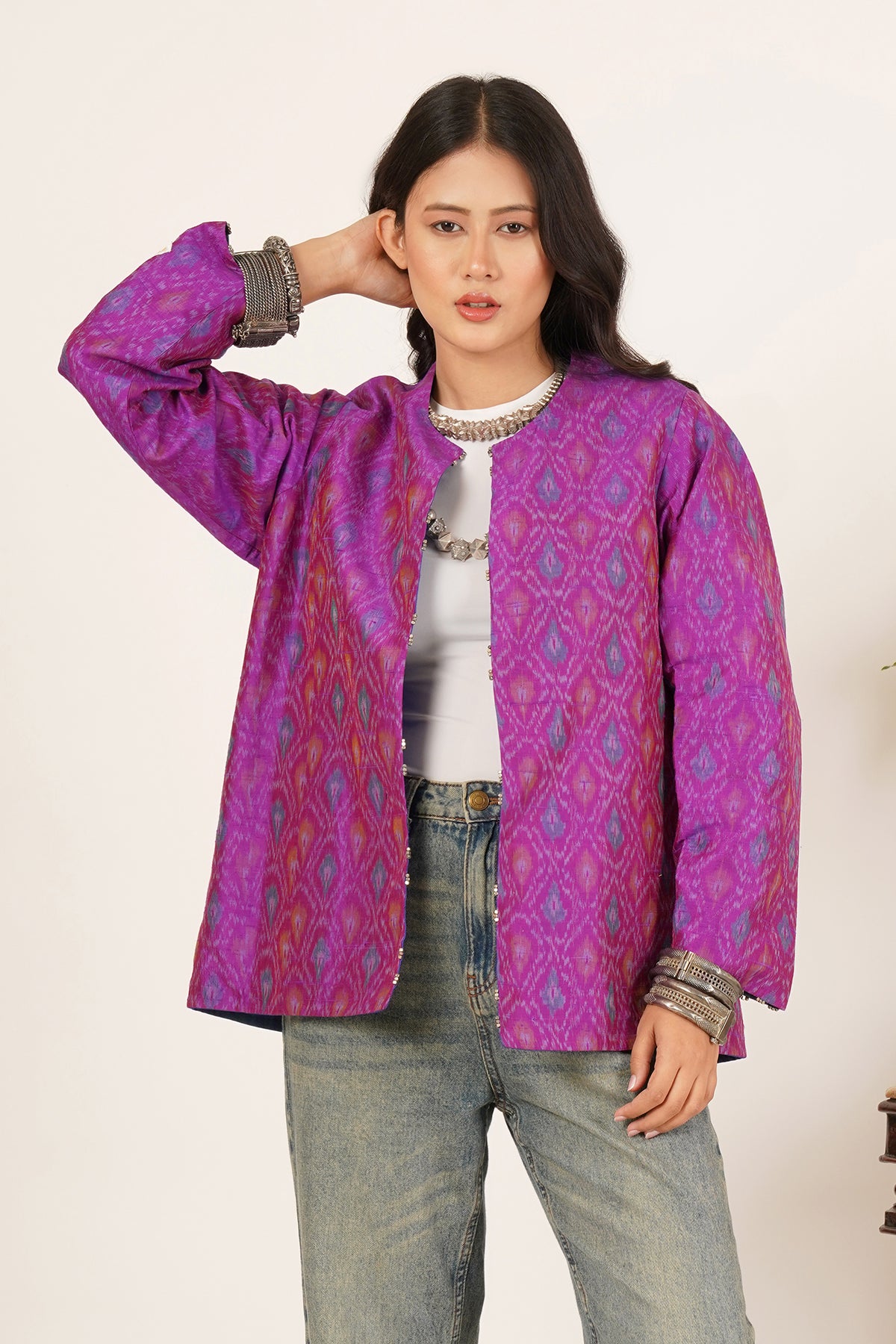 Kantha & Ikat Silk Short Reversible Jacket