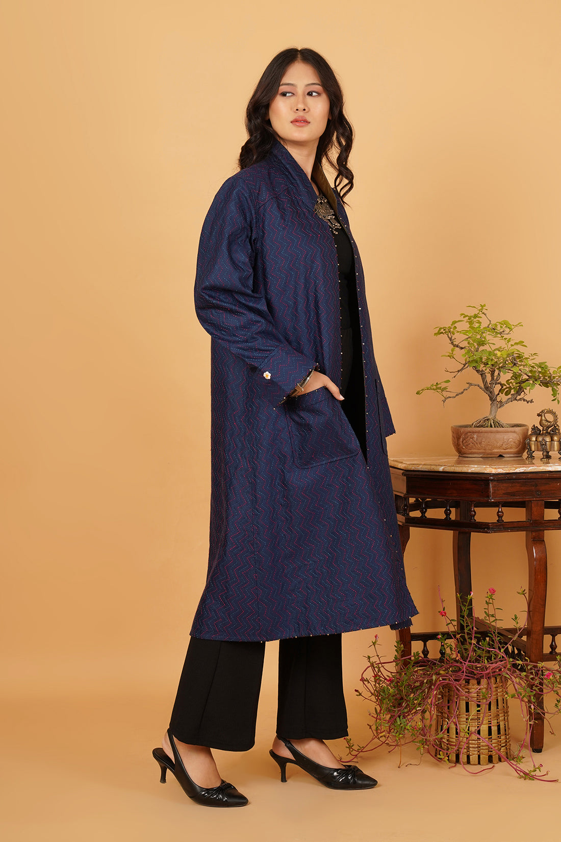 Blue Kantha & Chanderi Reversible Jacket