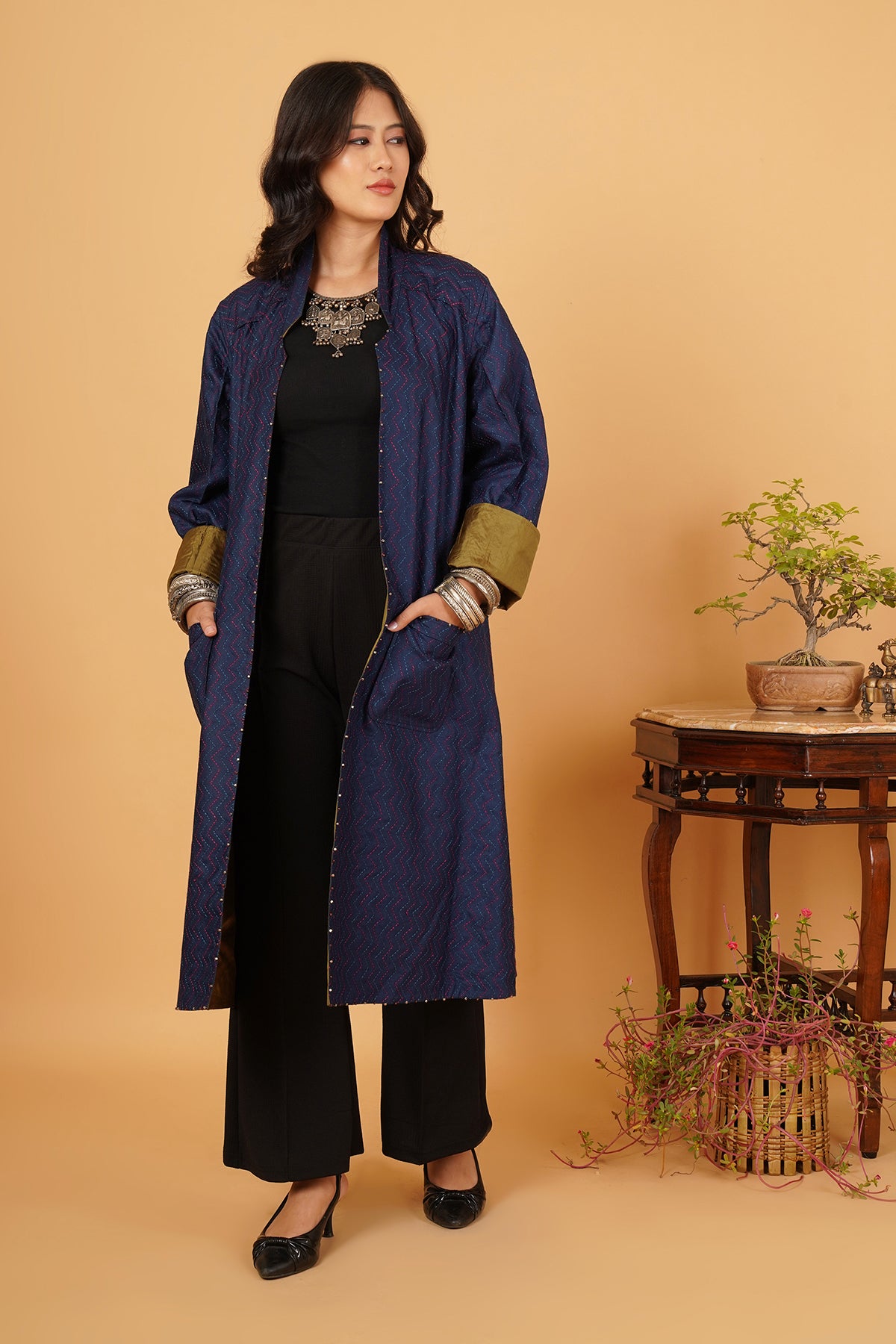 Blue Kantha & Chanderi Reversible Jacket