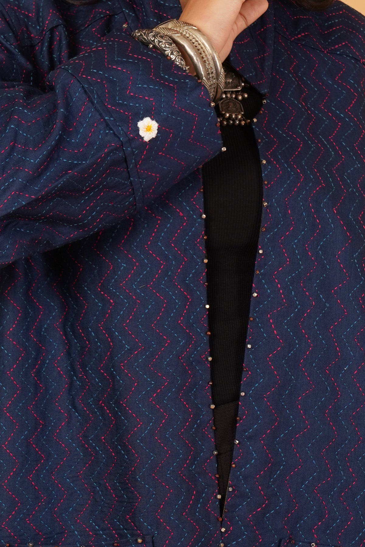 Blue Kantha & Chanderi Reversible Jacket