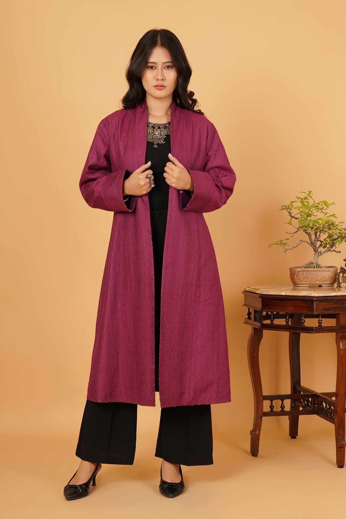 Purple Kantha Long Jacket