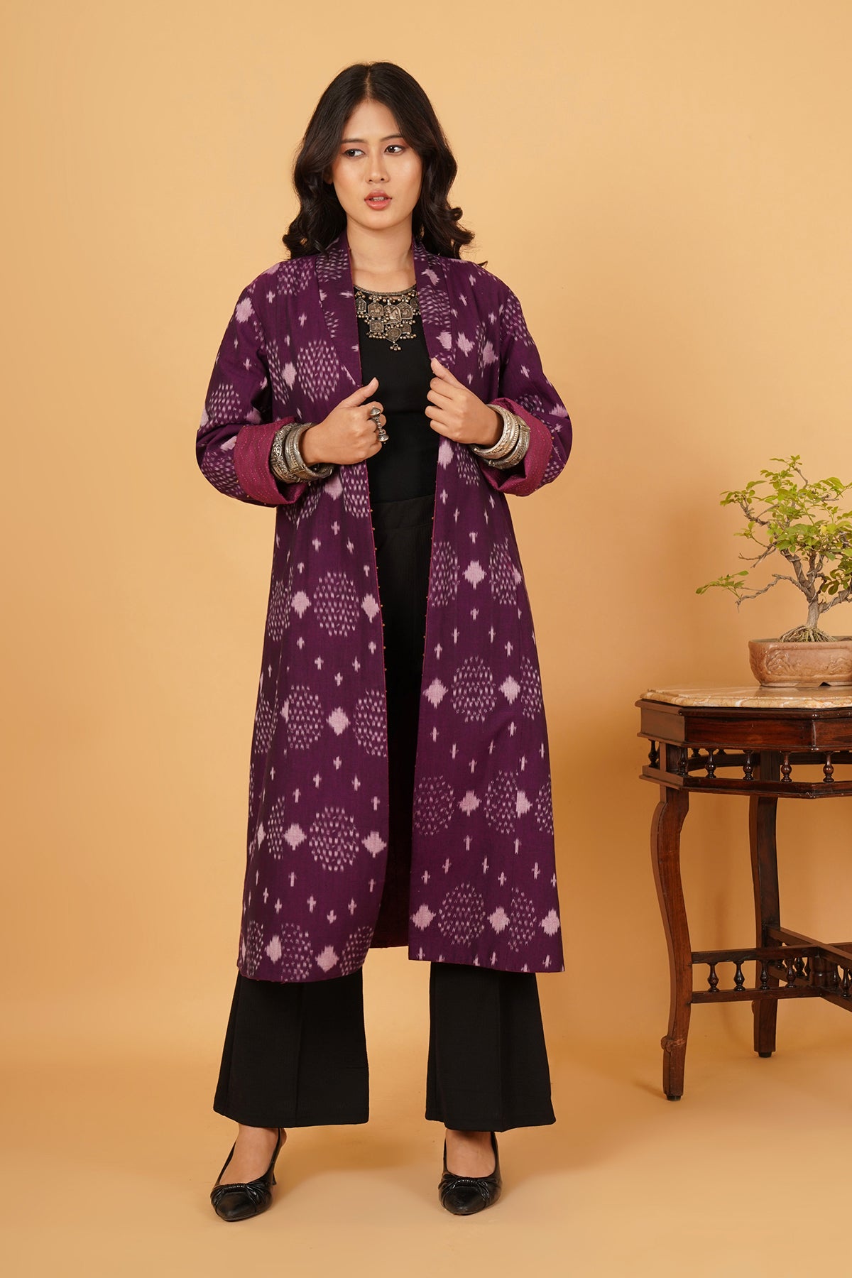 Purple Kantha Long Jacket