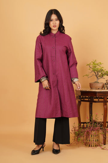 Pink Green Kantha Silk Long Jacket