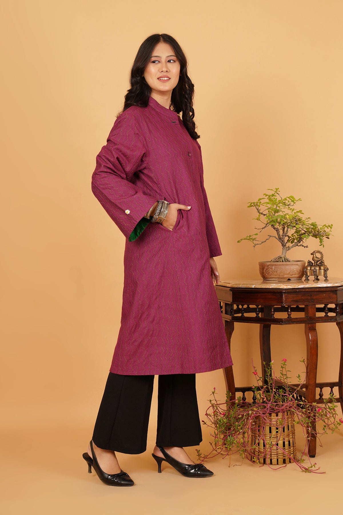 Pink Green Kantha Silk Long Jacket