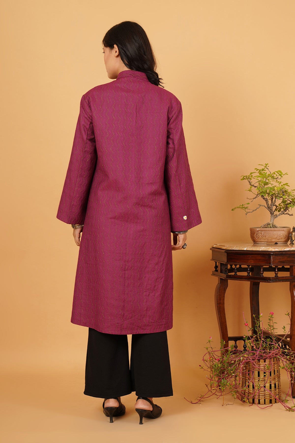 Pink Green Kantha Silk Long Jacket