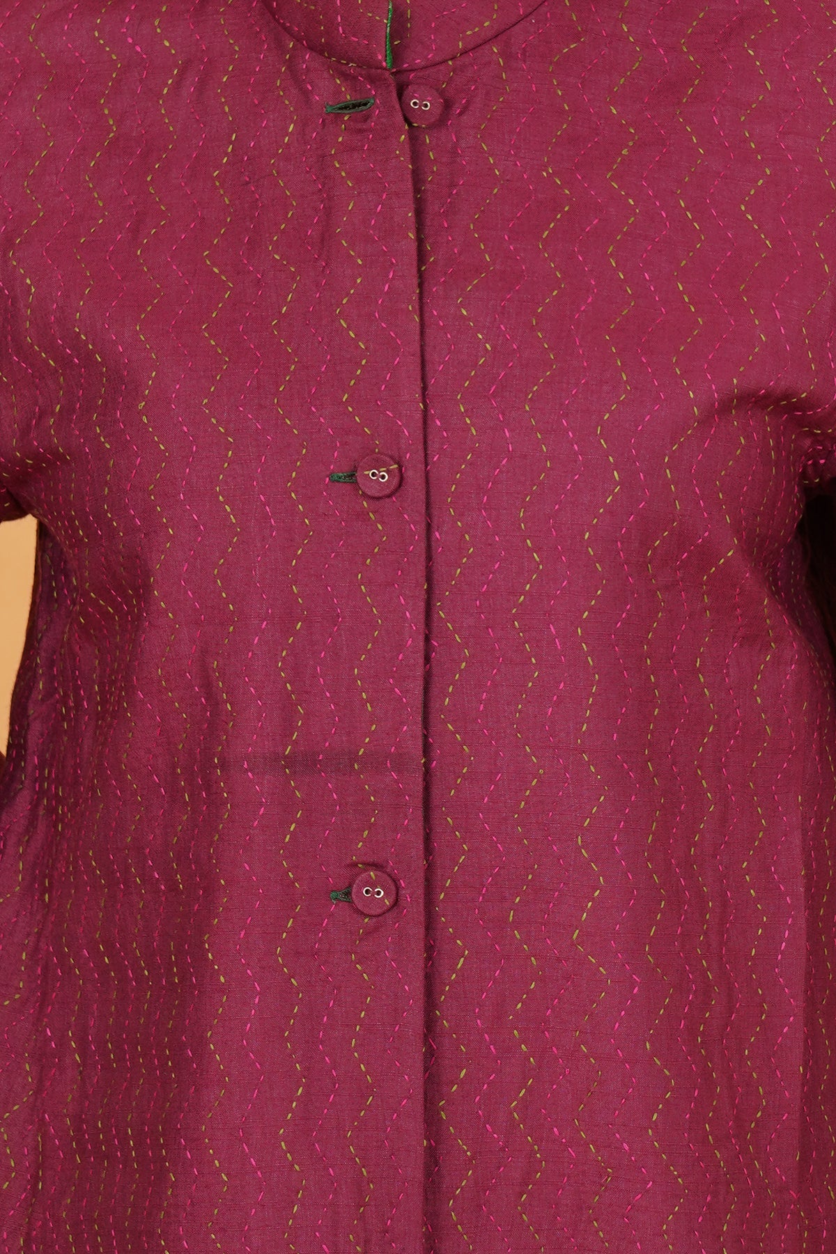 Pink Green Kantha Silk Long Jacket