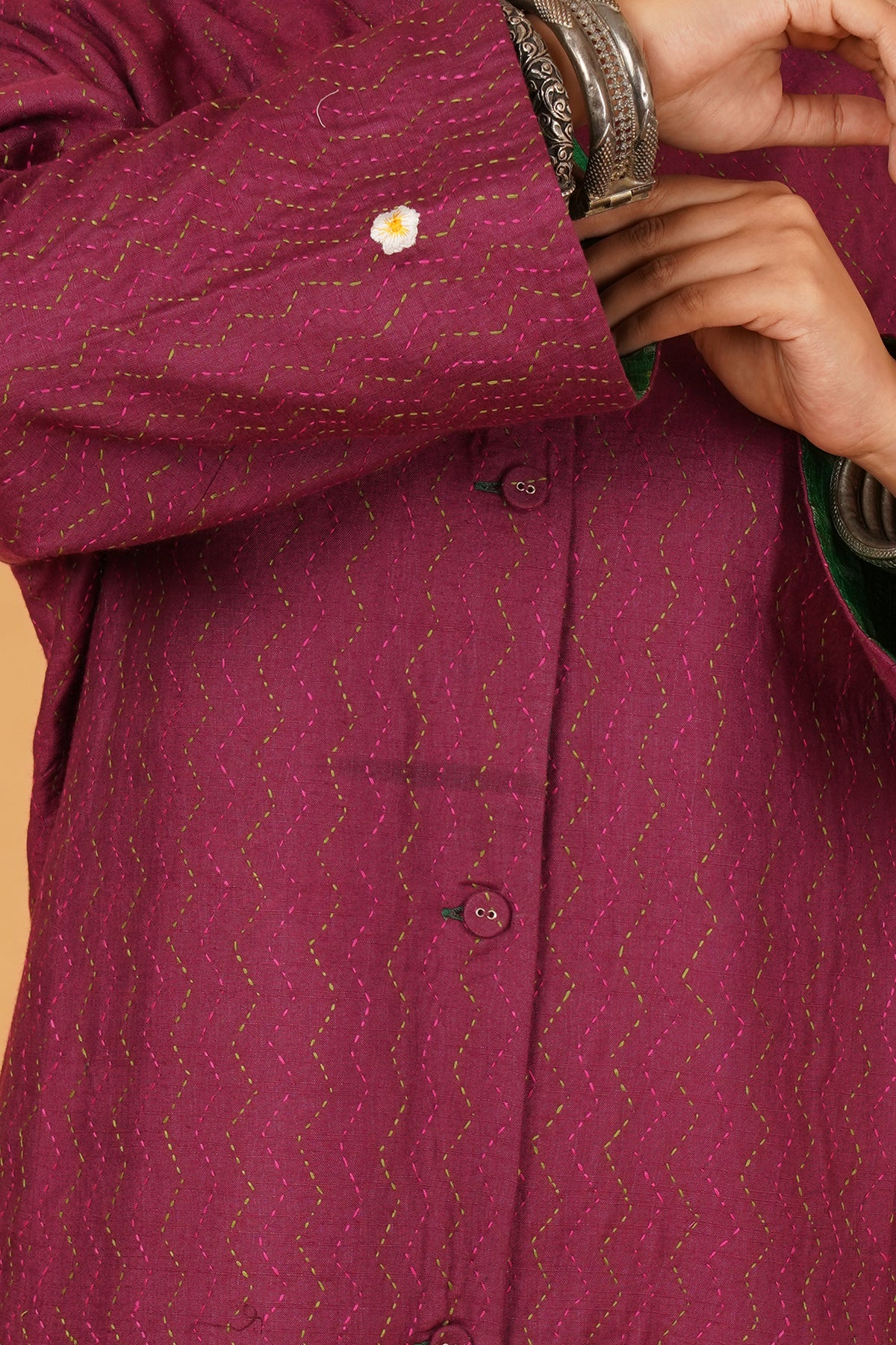 Pink Green Kantha Silk Long Jacket