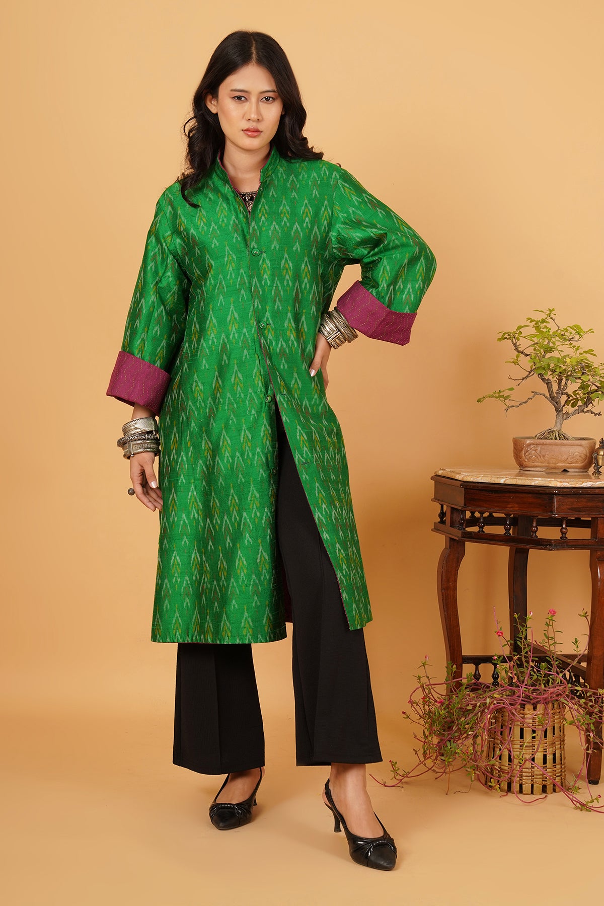 Pink Green Kantha Silk Long Jacket