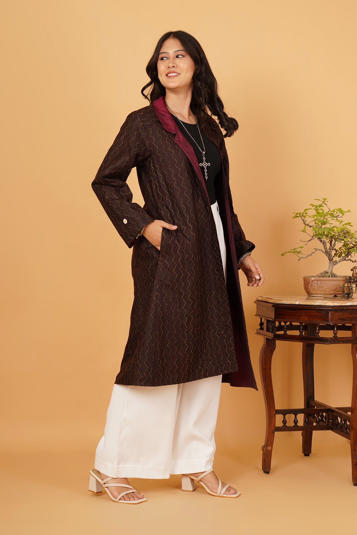 Brown Kantha Maroon Silk Long Jacket