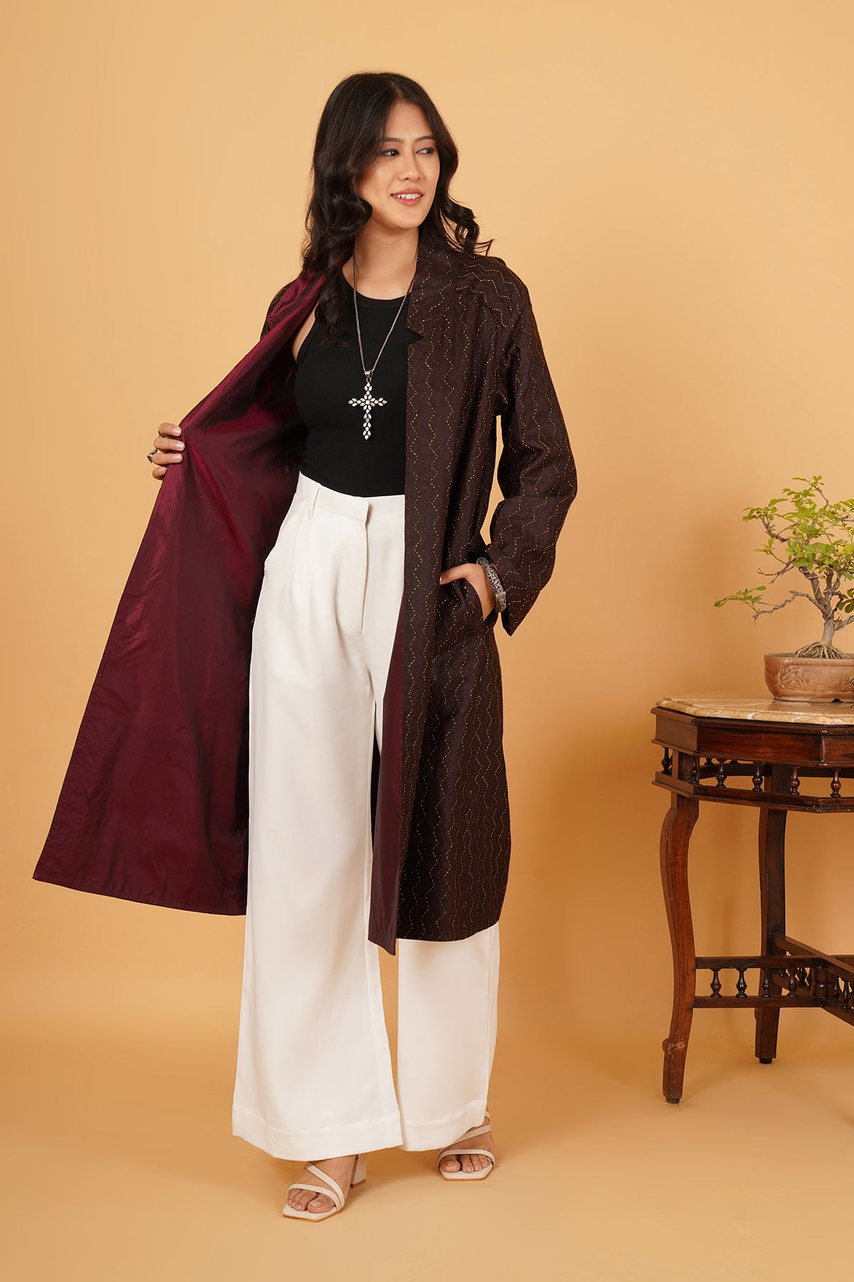 Brown Kantha Maroon Silk Long Jacket