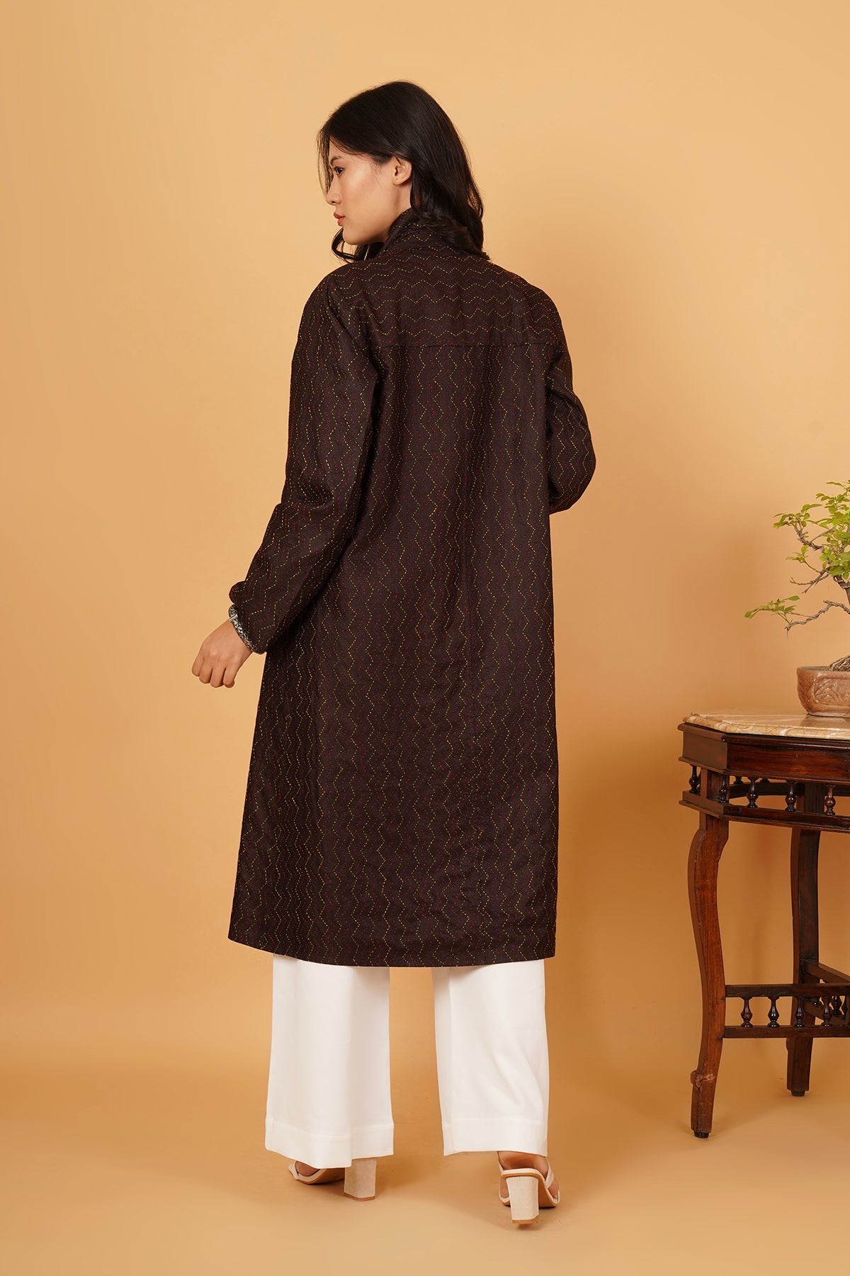 Brown Kantha Maroon Silk Long Jacket
