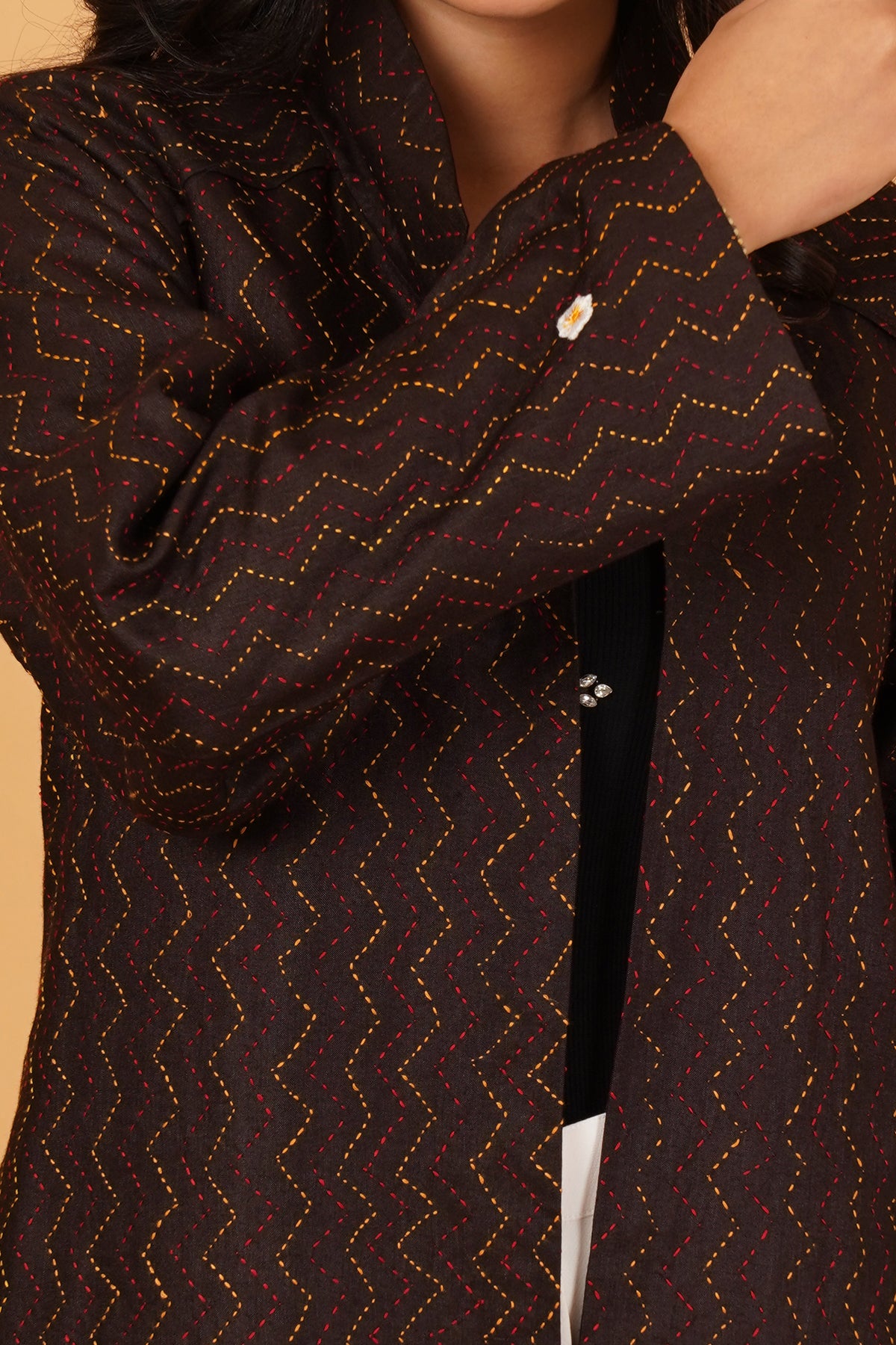 Brown Kantha Maroon Silk Long Jacket