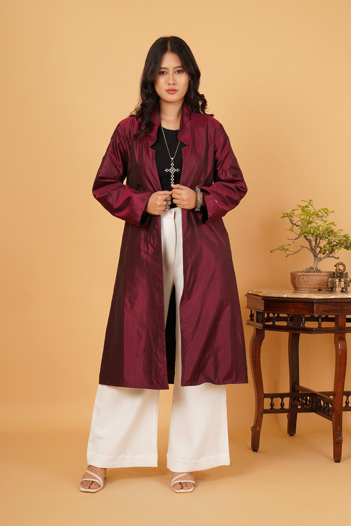 Brown Kantha Maroon Silk Long Jacket
