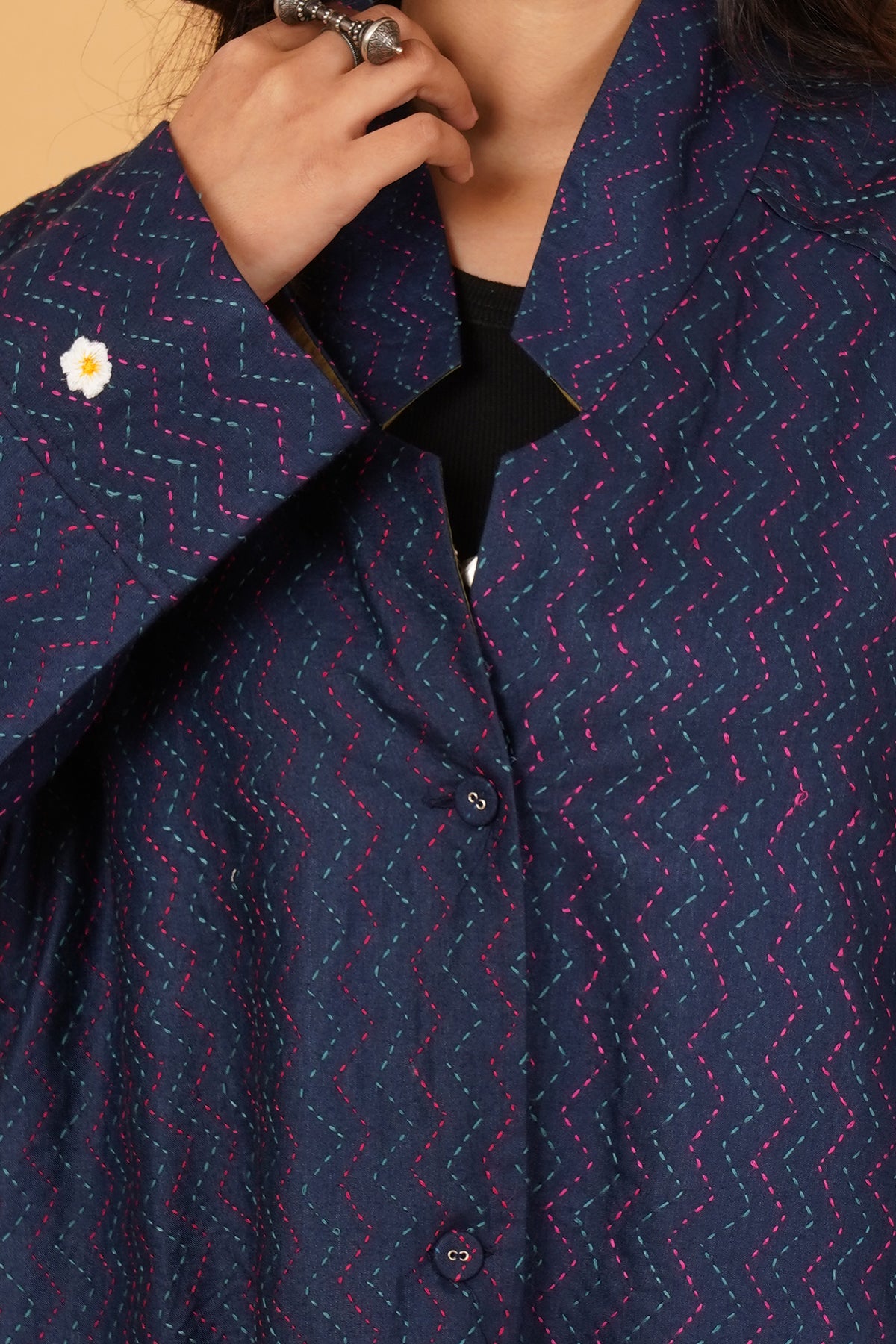 Blue Kantha Silk Long Jacket