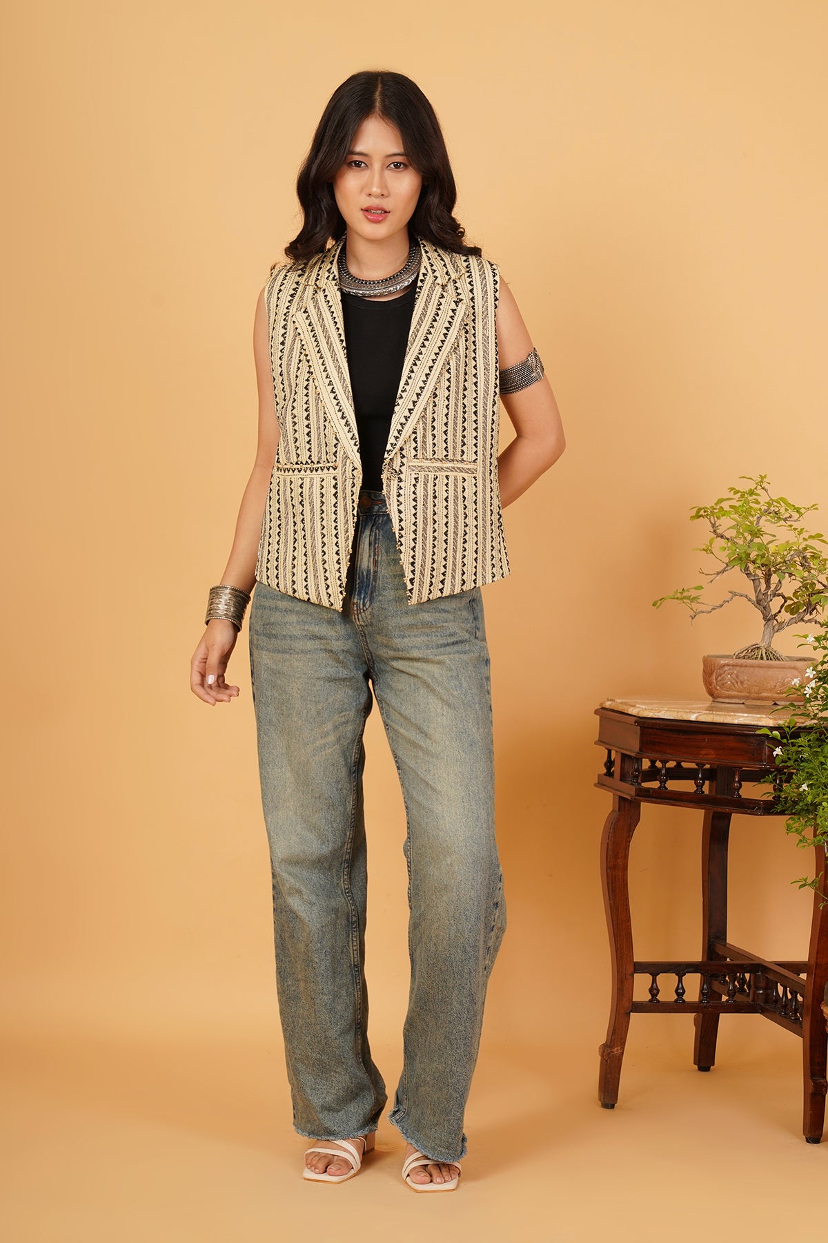 Black & Cream Kantha Waistcoat