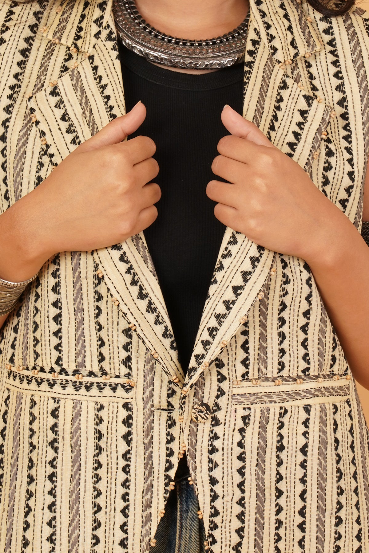 Black & Cream Kantha Waistcoat