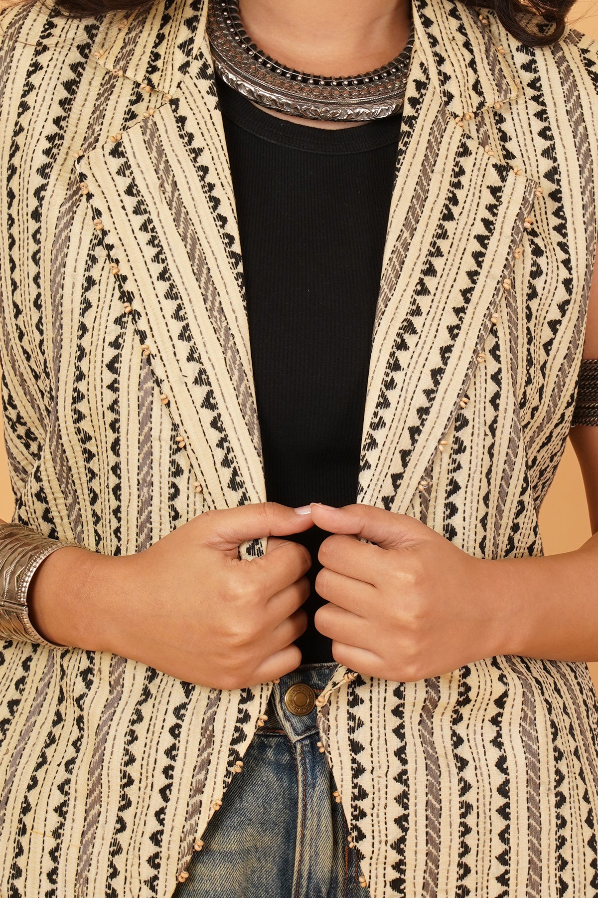 Black & Cream Kantha Waistcoat