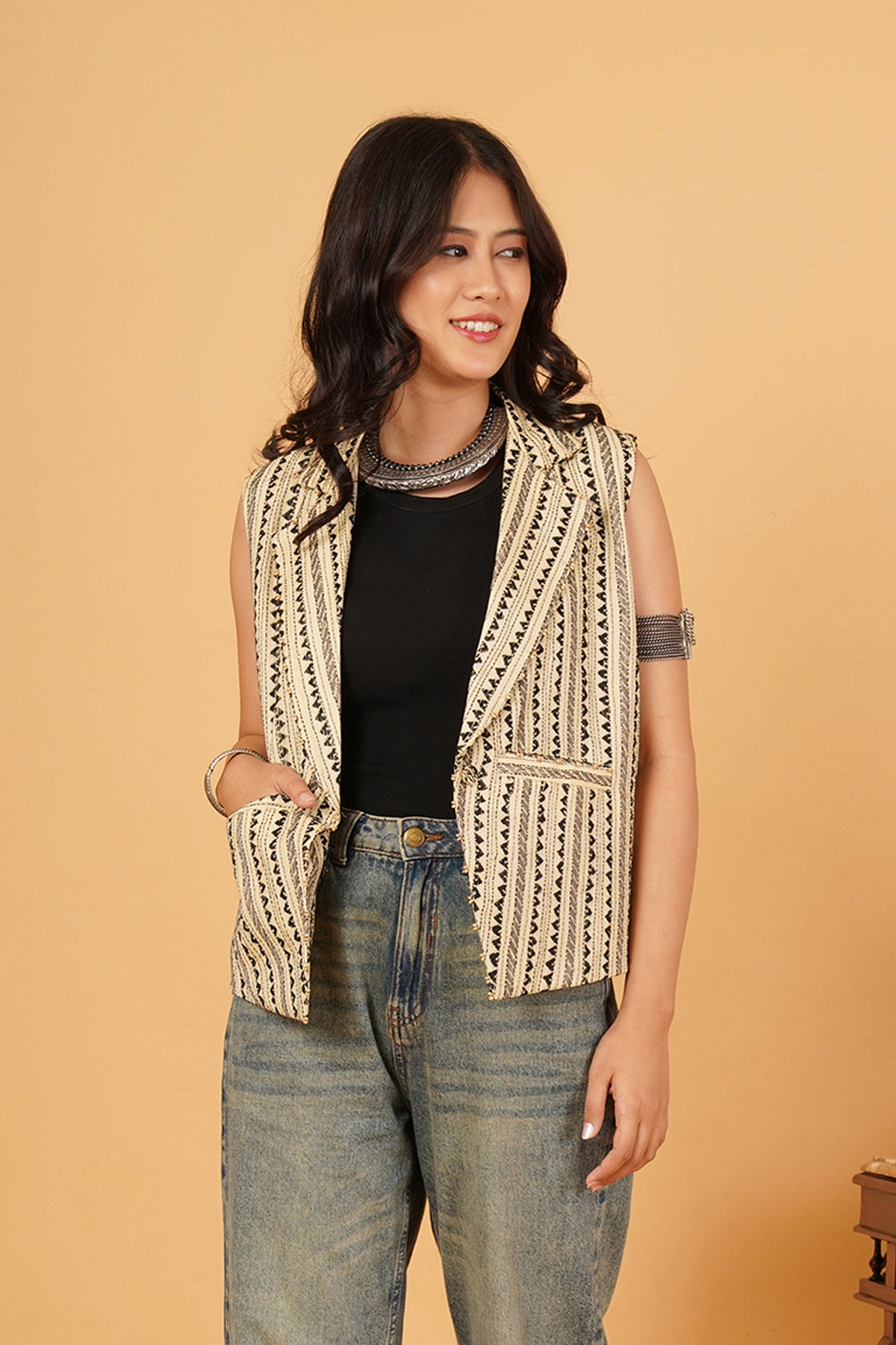Black & Cream Kantha Waistcoat