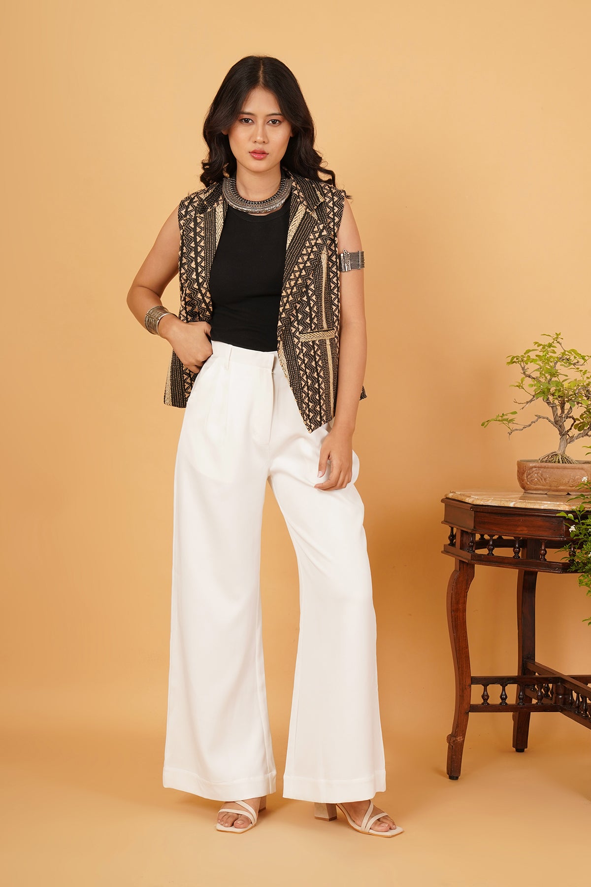 Black & Cream Kantha Waistcoat