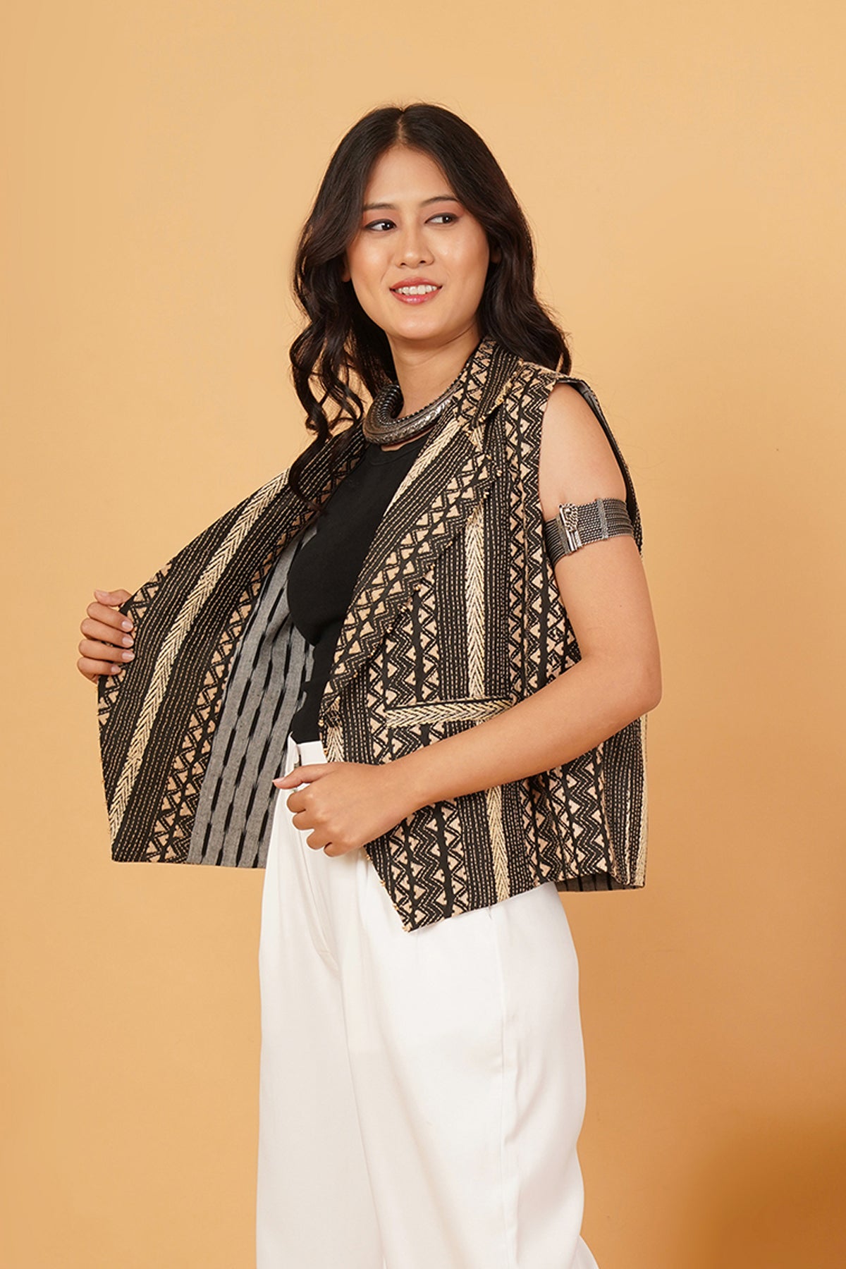 Black & Cream Kantha Waistcoat