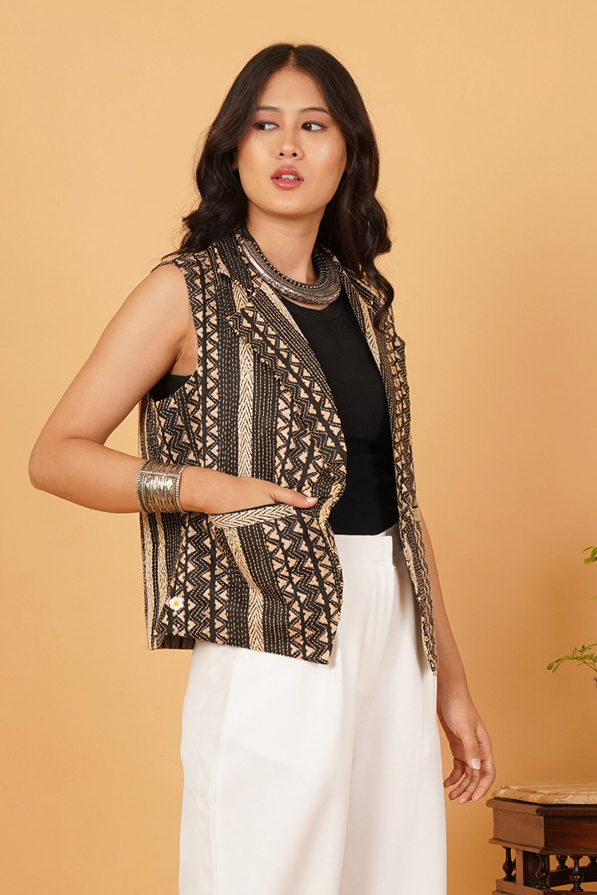 Black & Cream Kantha Waistcoat