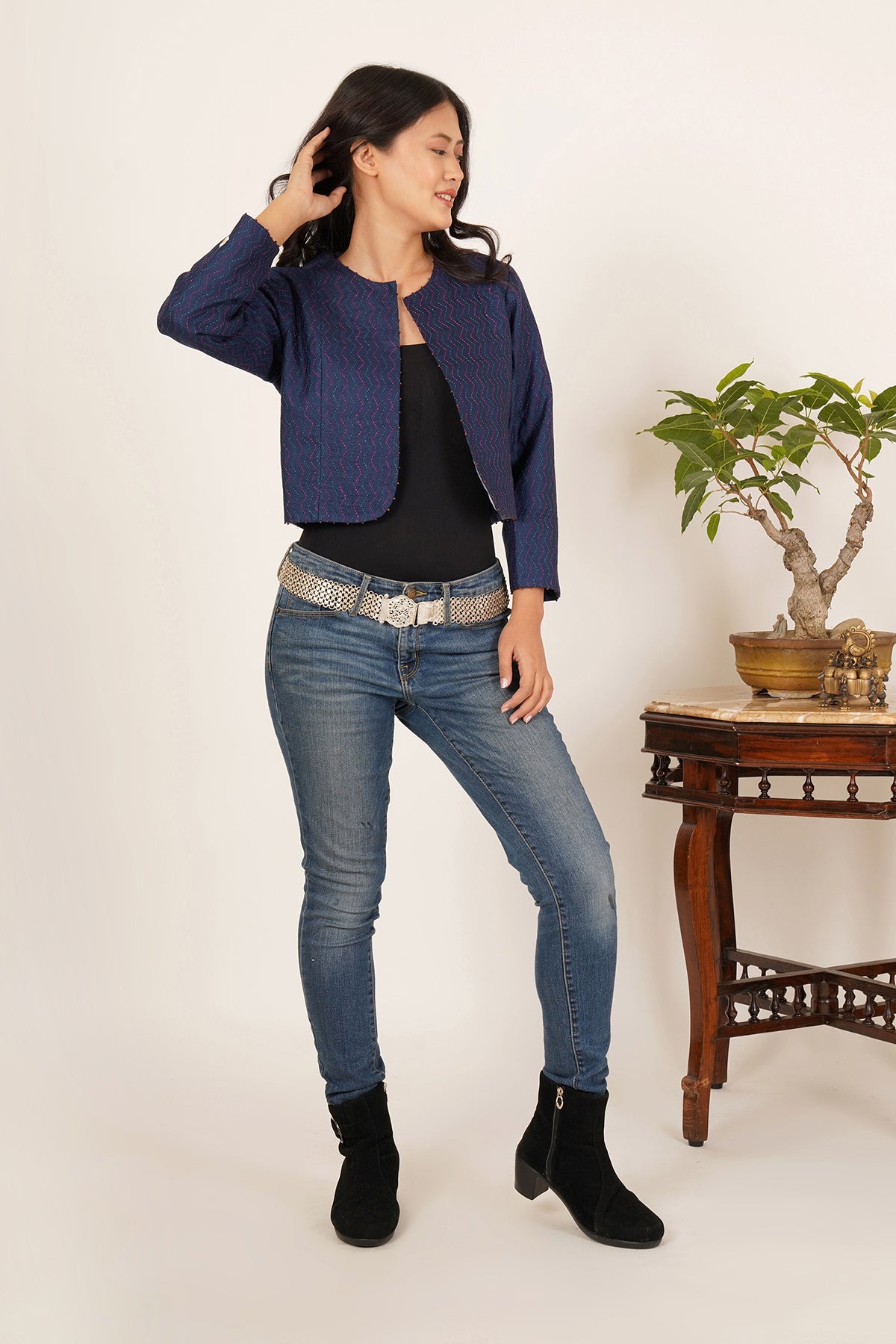 Blue Kantha Crop Jacket