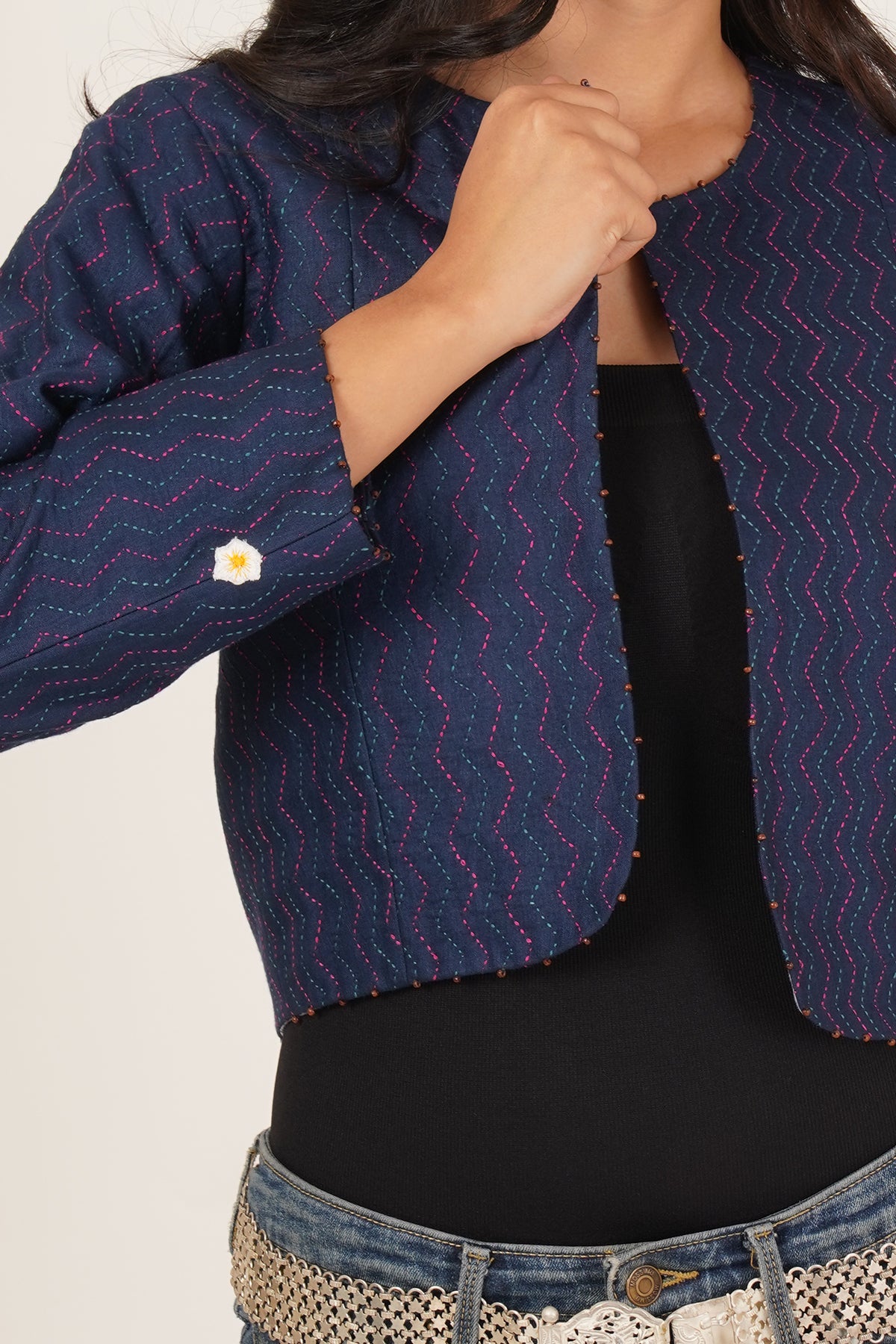 Blue Kantha Crop Jacket