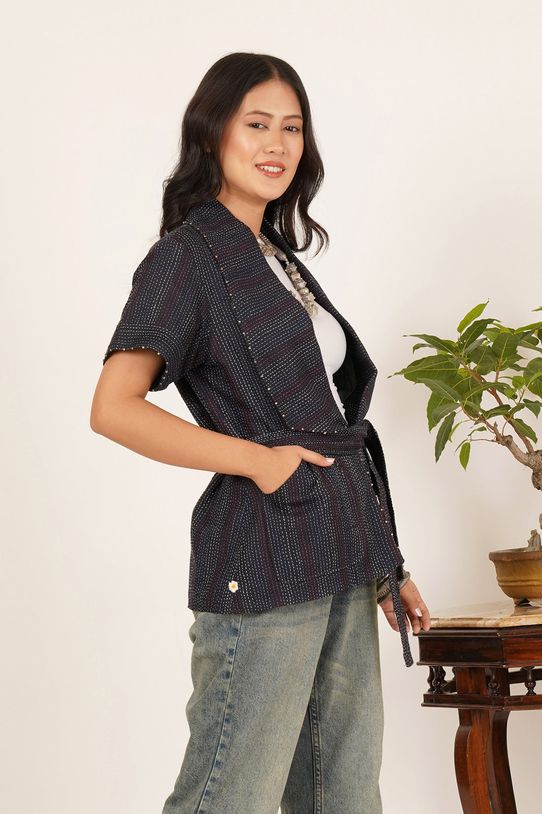 Navy Blue Kantha Short Jacket