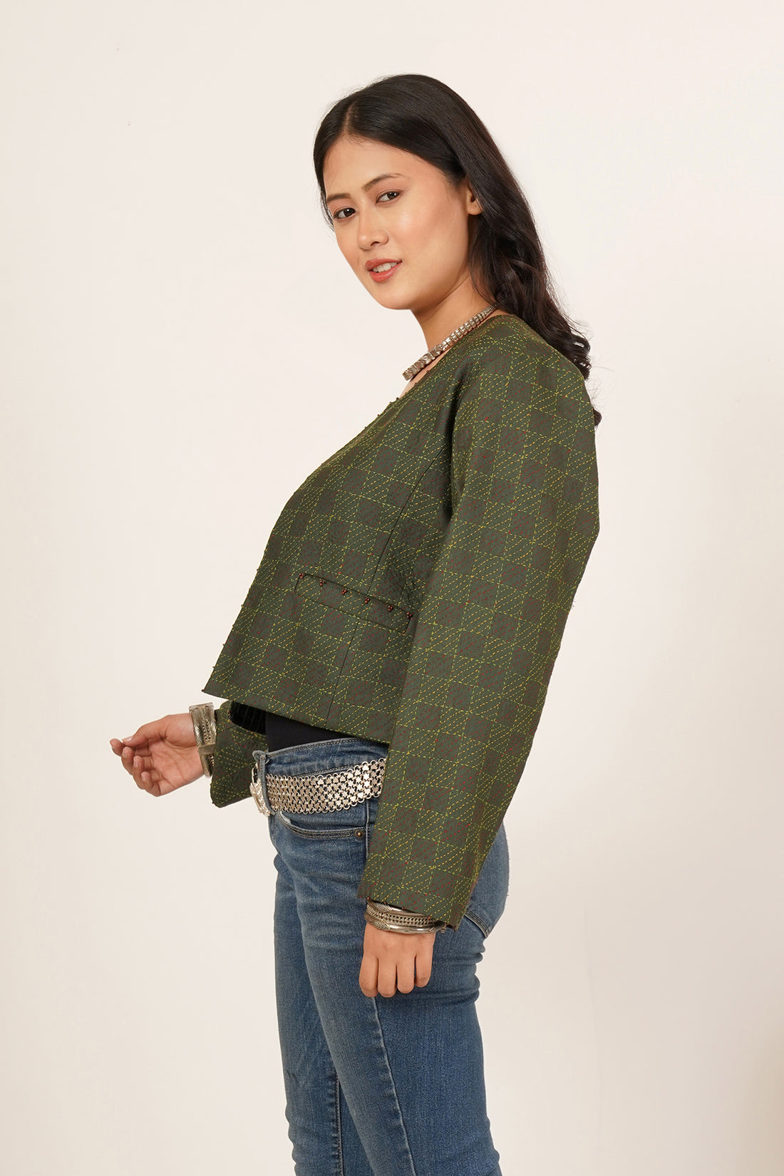 Reversible Green Kantha Short Jacket