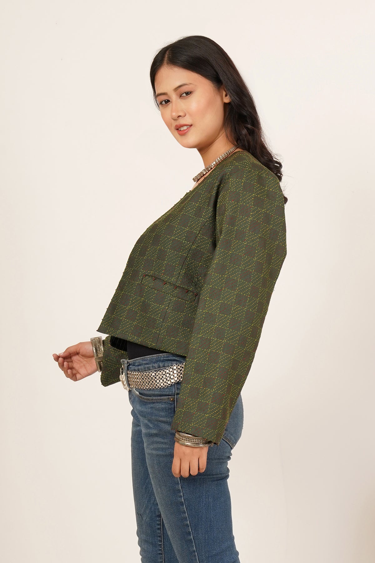 Reversible Green Kantha Short Jacket