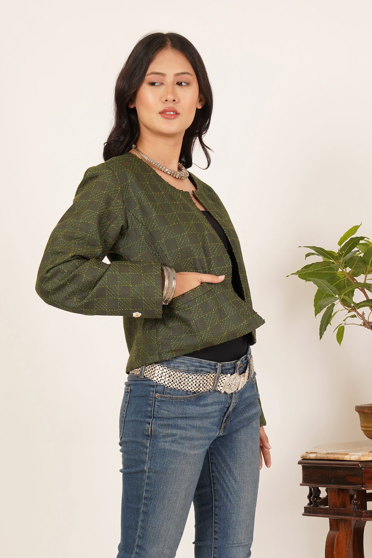 Reversible Green Kantha Short Jacket